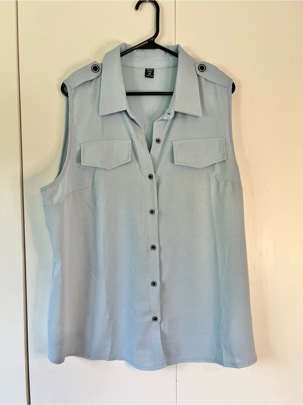 Shein Sleeveless Button-Down Shirt With Rhinestone Buttons - Dusty Blue